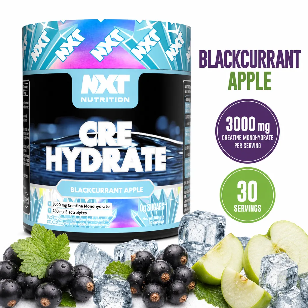NXT Nutrition Cre Hydrate creatine and electrolyte powder, blackcurrant apple flavour, 180g tub with 30 servings