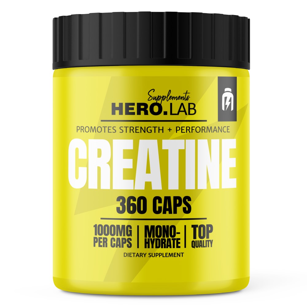 Hero Lab Creatine 360 Caps monohydrate dietary supplement in a yellow container, 1000mg per capsule, designed to promote strength and performance.