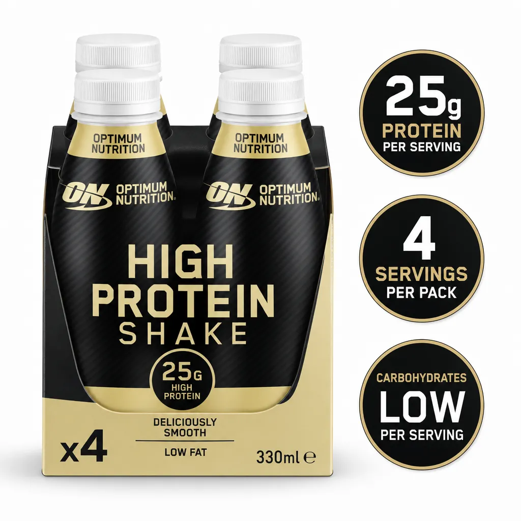 Optimum Nutrition High Protein Shake, chocolate ready-to-drink protein beverage, 330ml bottles, 25g protein, pack of four