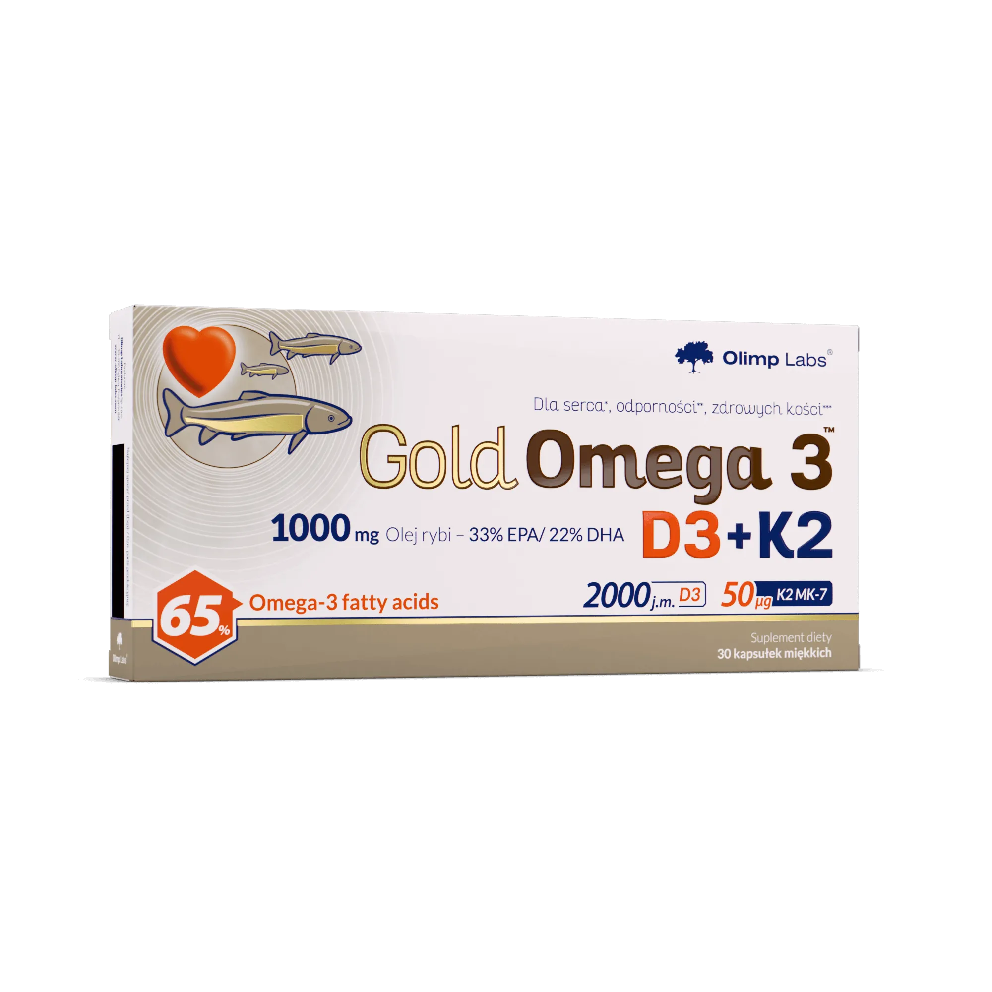 Olimp Nutrition Gold Omega 3 D3 + K2 30 Softgels dietary supplement with 1000 mg fish oil, 2000 IU vitamin D3, and 50 µg vitamin K2 for heart, bone, and immune support.