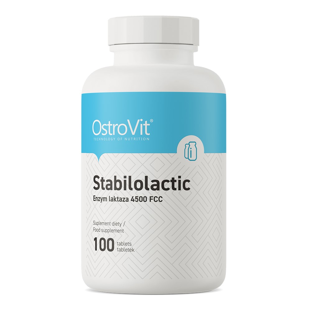 OstroVit Stabilolactic 100 tablets lactase enzyme food supplement, white and blue bottle, 4500 FCC strength.