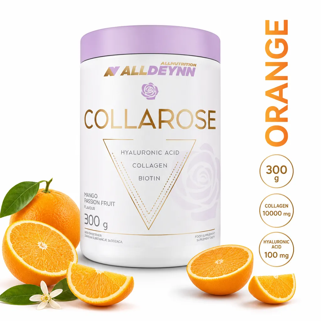 Allnutrition ALLDEYNN Collarose 300g collagen powder supplement in mango passion fruit flavour with hyaluronic acid and biotin.