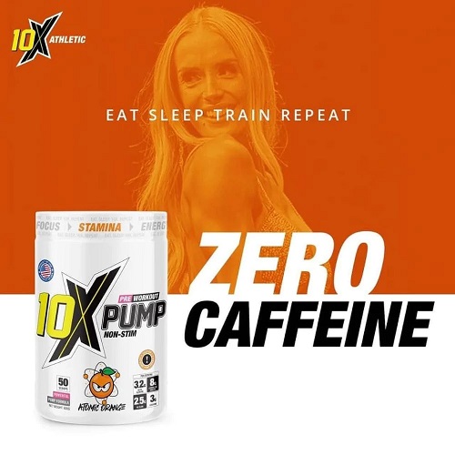 10X Athletic Pump Non-Stim Pre Workout Atomic Orange is a caffeine-free pre-workout supplement with 50 servings, designed for focus, stamina, and energy support.