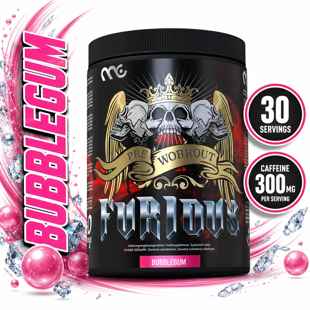 Muscle Clinic FURIOUS Pre-Workout 450g bubblegum powder in a black tub, with 30 servings and 300mg caffeine per serving.