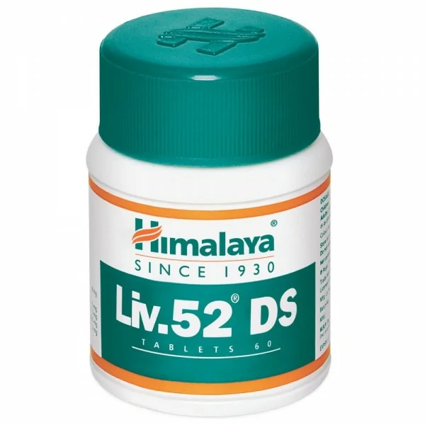 Himalaya Liv.52 DS is a double strength herbal liver support supplement in a white bottle with a green cap, containing 60 tablets.