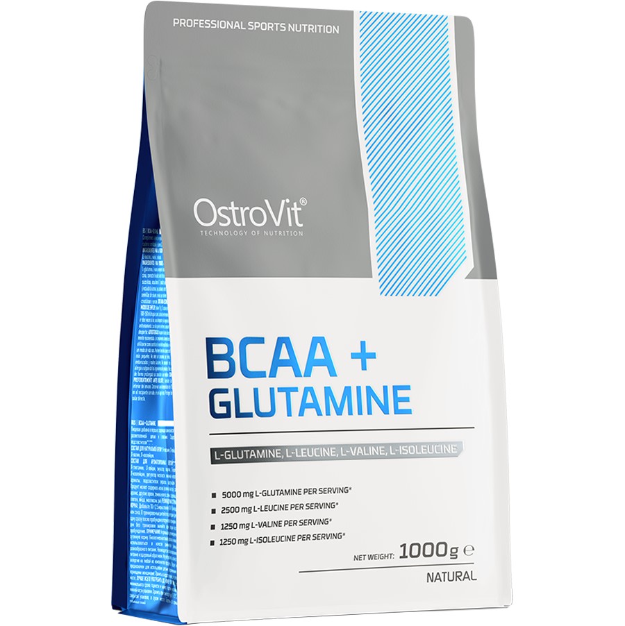 OstroVit BCAA + Glutamine 1000g natural unflavoured amino acid supplement with L-glutamine, L-leucine, L-valine, and L-isoleucine, in a white and grey pouch.