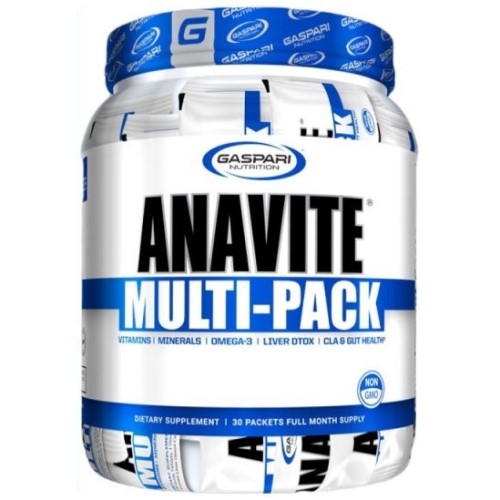 Gaspari Nutrition Anavite Multi-Pack 30 Packs, a dietary supplement with vitamins, minerals, omega-3, liver detox, and CLA, in a white and blue container.
