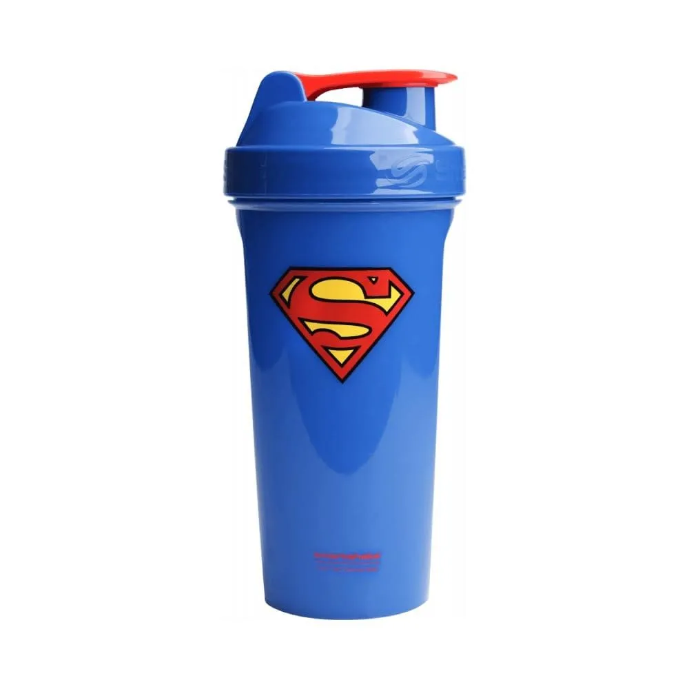 SmartShake Lite DC Comics Superman 800ml shaker bottle, blue with a bold Superman logo and red flip cap, ideal for mixing protein shakes or hydration drinks.