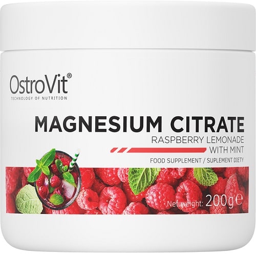 OstroVit Magnesium Citrate 200g raspberry lemonade with mint flavour food supplement, white tub with raspberry and mint imagery on the label.
