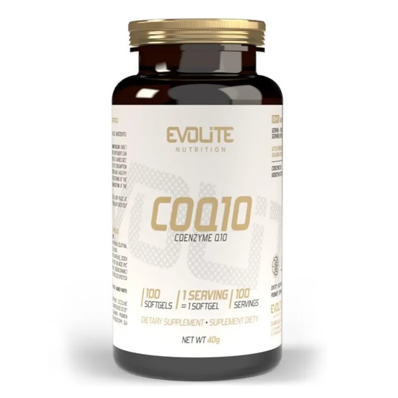 Evolite COQ10 Coenzyme Q10 dietary supplement, 100 softgels, in a brown bottle with a gold cap, designed to support energy production and antioxidant health.