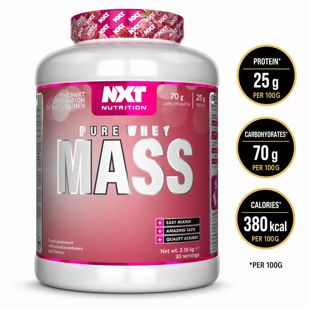 NXT Nutrition Pure Whey Mass 3200g is a pink tub of mass gainer powder with whey protein and carbohydrate blend.
