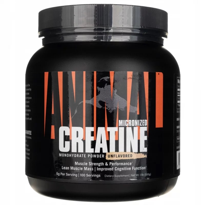 Universal Nutrition Animal Micronized Creatine Monohydrate 500g unflavored powder supplement for muscle strength and performance, black container with orange and white text.