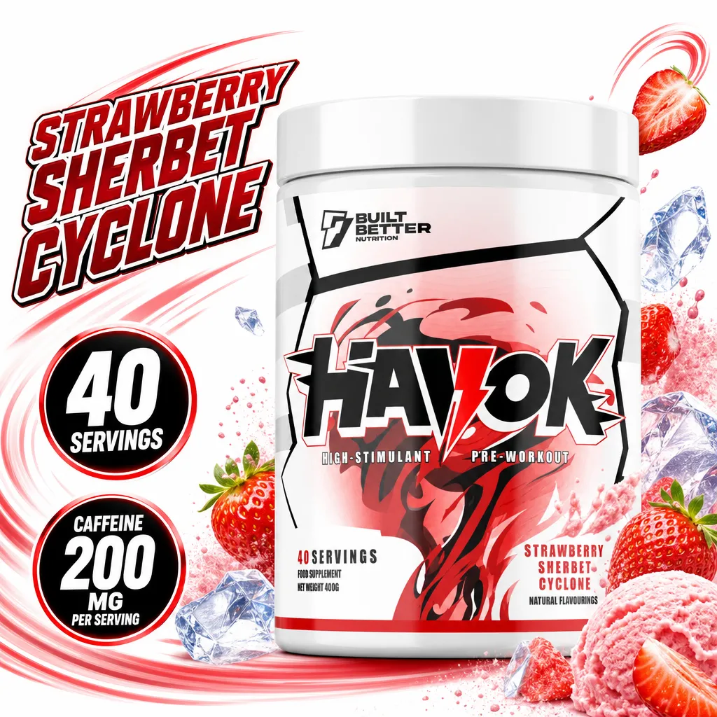 Built Better Nutrition BBN Havok Pre Workout in Strawberry Sherbet Cyclone flavour, 40-serving high-stimulant powder supplement