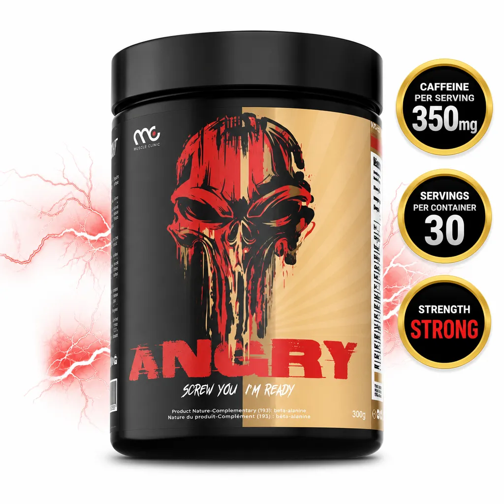 Muscle Clinic ANGRY Pre-Workout 300g powder, lime flavour, in a black tub with red and gold skull design