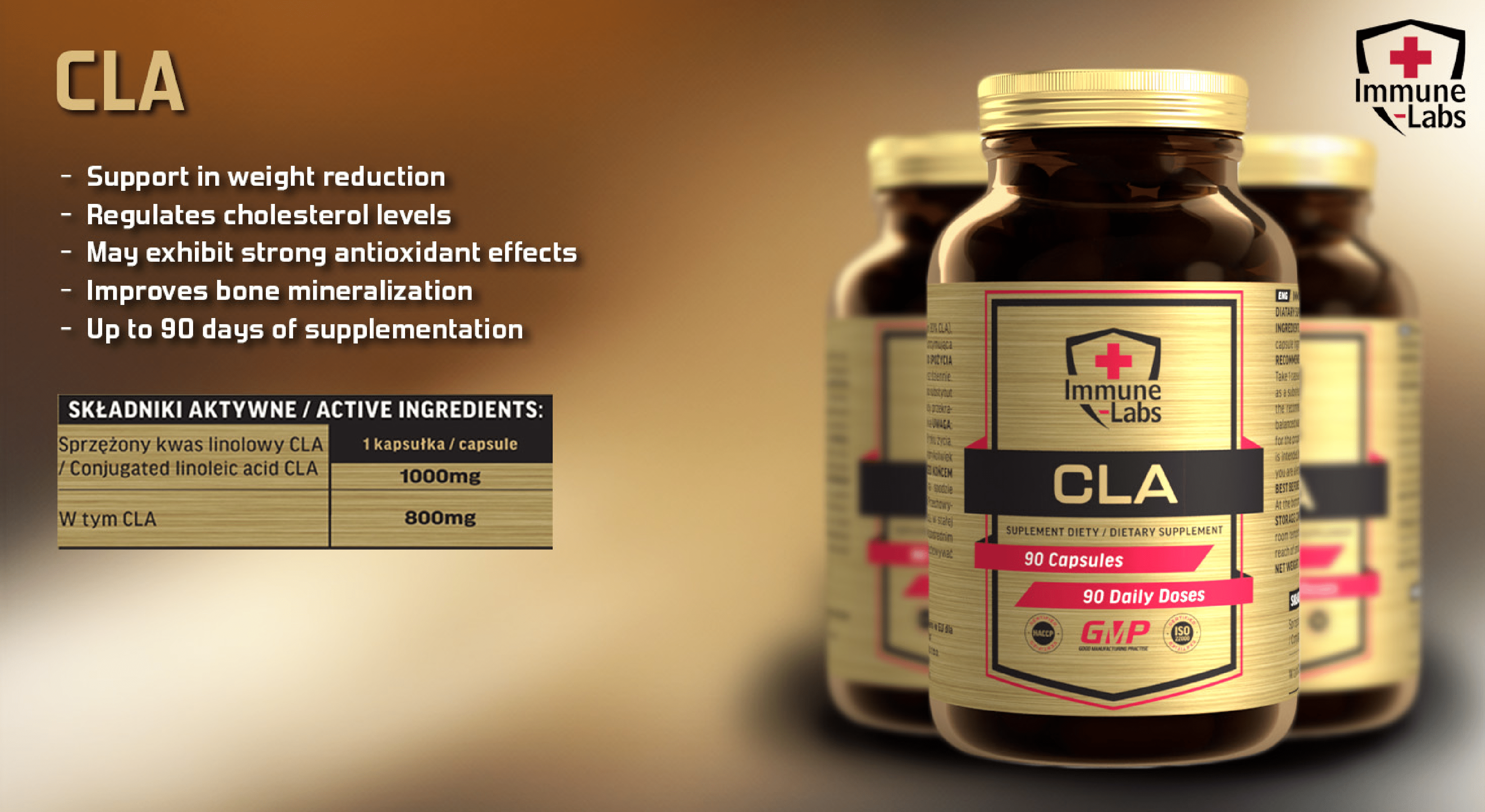 Immune Labs CLA dietary supplement, 90 capsules per bottle, conjugated linoleic acid softgels for weight management and antioxidant support, gold and black label.