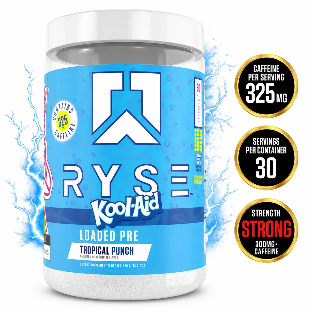 RYSE Supplements Ryse Loaded Pre tropical punch pre-workout powder, 30 servings in a blue tub