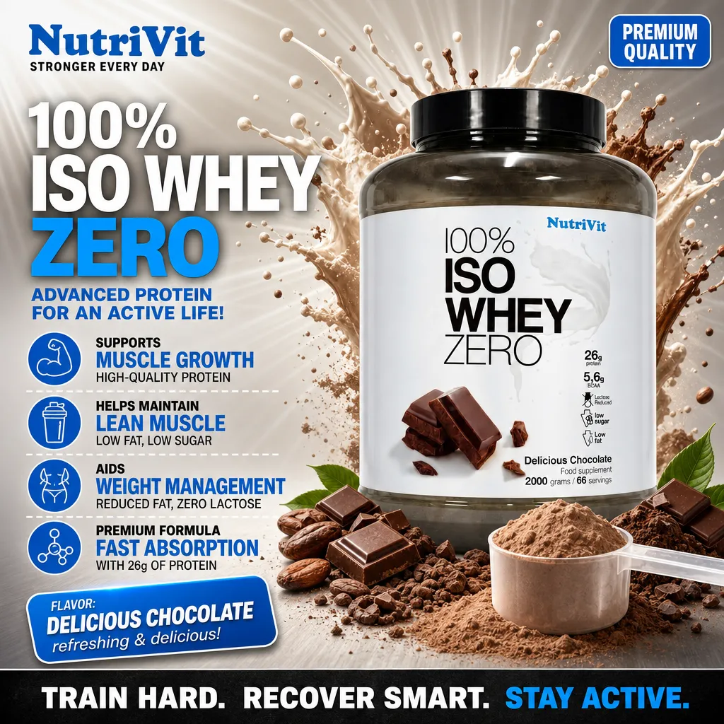 NutriVit 100% Iso Whey Zero 2000g Delicious Chocolate whey protein supplement, chocolate flavour, high protein, low fat, zero lactose, in a large black and white tub with chocolate pieces and powder scoop.