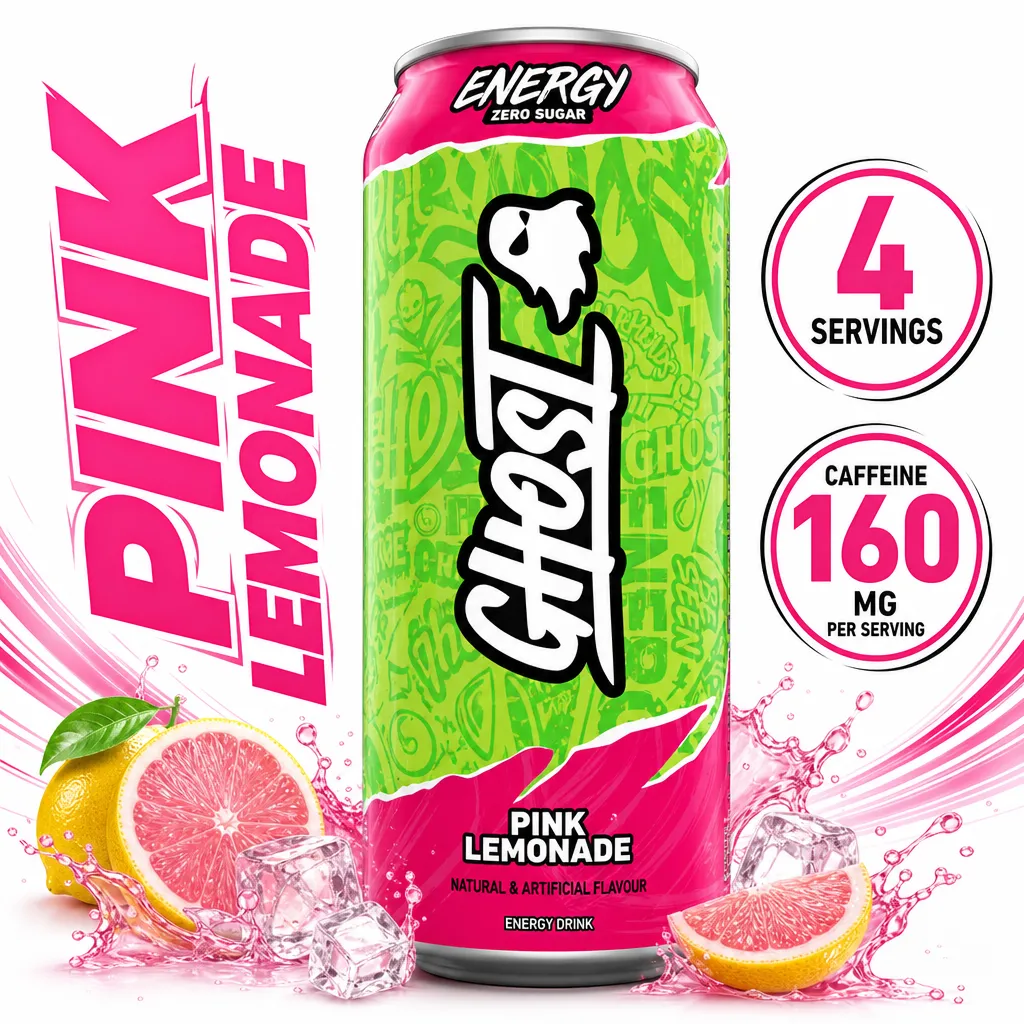Ghost Energy 500ml x4 sugar-free energy drink in Pink Lemonade flavour, featuring 160mg caffeine per serving and a bright green and pink can