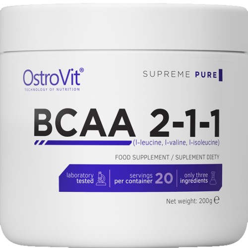 OstroVit BCAA 2-1-1 200g unflavoured branched-chain amino acid supplement, Supreme Pure series, white tub with purple accents.