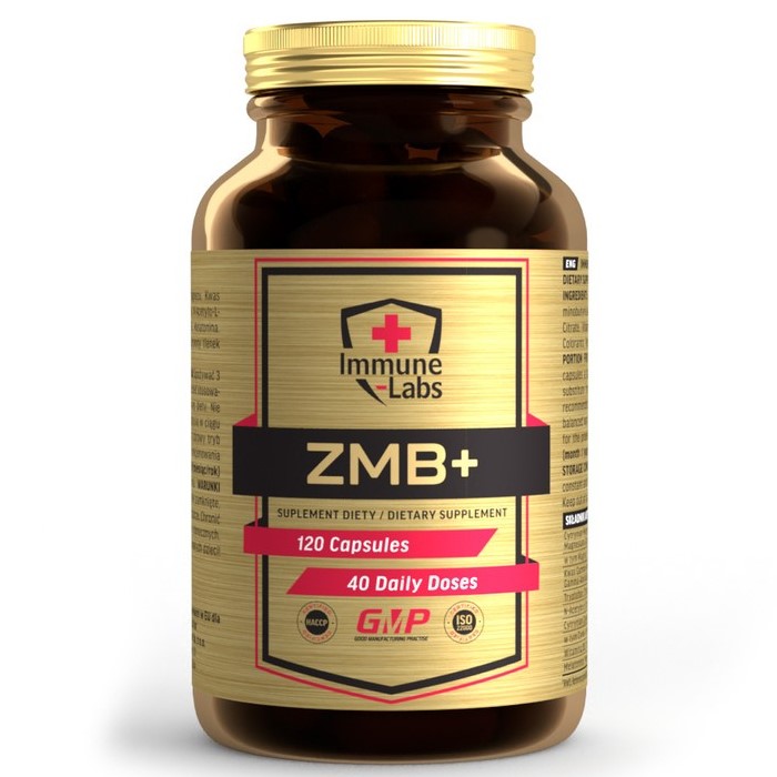Immune Labs ZMB+ dietary supplement, 120 capsules, designed to support immune function and recovery, in a brown bottle with a gold label.