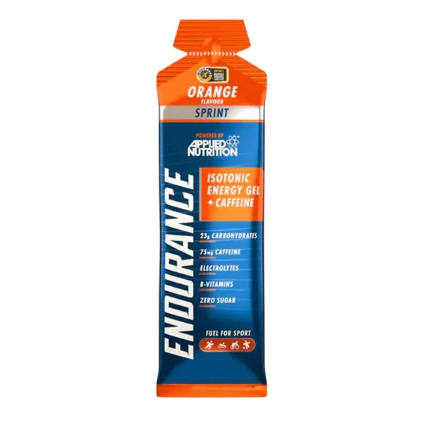 Applied Nutrition Endurance Isotonic Energy Gel + Caffeine orange flavour sports gel with electrolytes, B-vitamins, and 75mg caffeine, in a blue and orange sachet.