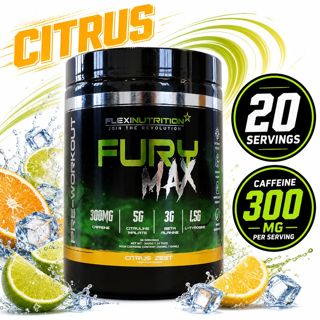Flexi Nutrition Fury Max Pre Workout supplement in Citrus Zest flavour, 20 servings with 300mg caffeine per serving