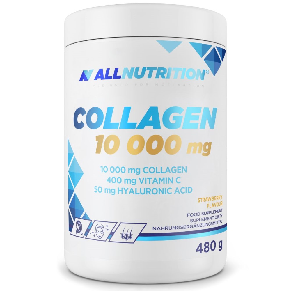 Allnutrition Collagen 10 000mg strawberry flavour food supplement with vitamin C and hyaluronic acid, 480g white tub with blue and gold accents.