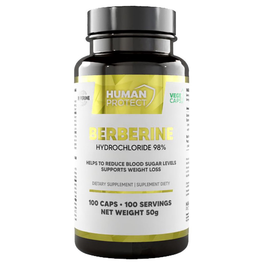 Human Protect Berberine HCL 98% capsules, small clear capsules filled with yellow powder, shown outside the bottle