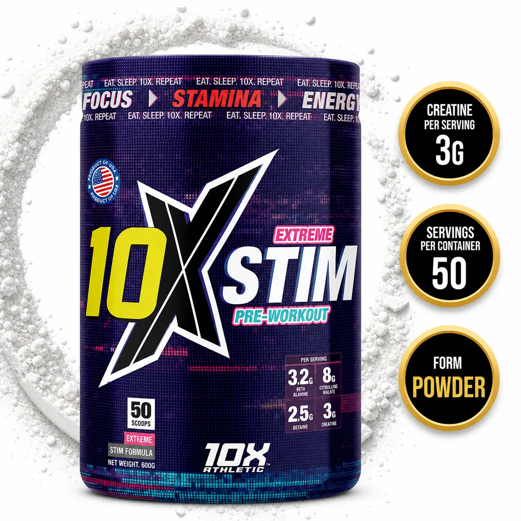 10X Athletic Extreme Stim Pre-Workout powder supplement, 50 servings, shown in a dark blue 600g tub with extreme stimulant formula