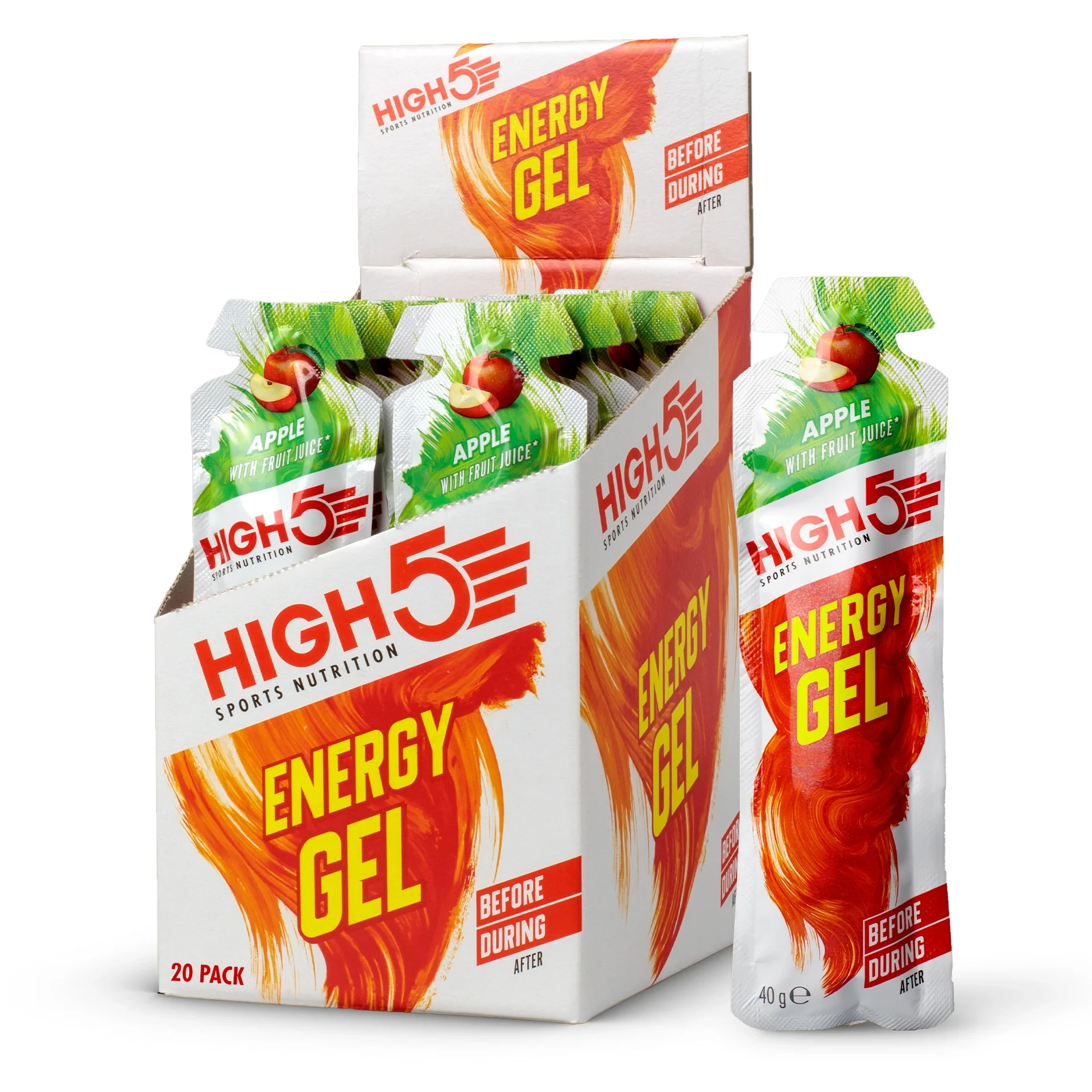 High5 Sports Nutrition Energy Gel Apple 40g x10, fast-acting carbohydrate gel for athletes, apple flavour, vegan-friendly, convenient sachets for endurance sports.