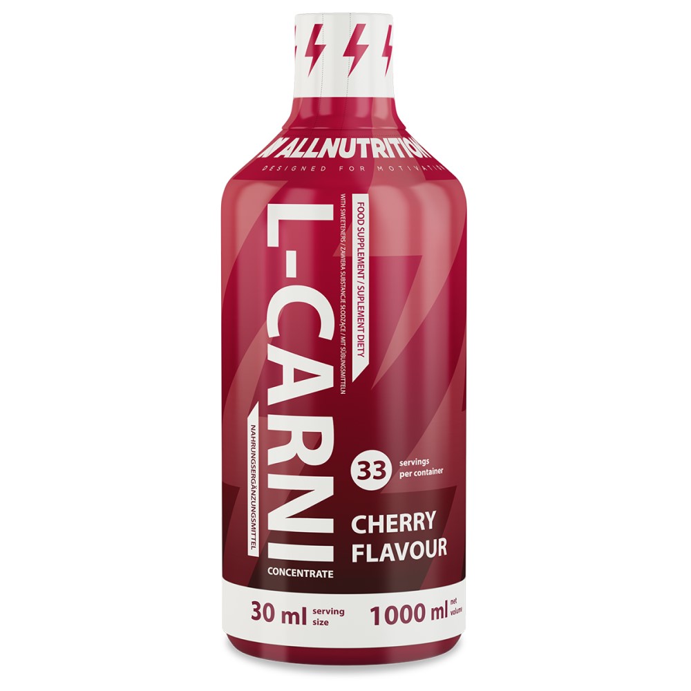 Allnutrition L-Carni Concentrate 1000ml cherry flavour liquid L-carnitine supplement, 33 servings per container, red and white bottle.