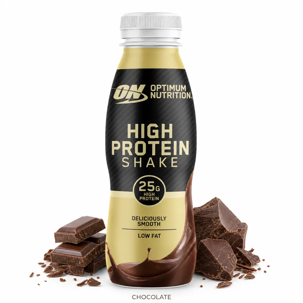 Optimum Nutrition High Protein Shake chocolate flavour, 330ml bottle, featuring 25g protein, low fat, and a smooth, creamy texture for muscle support.