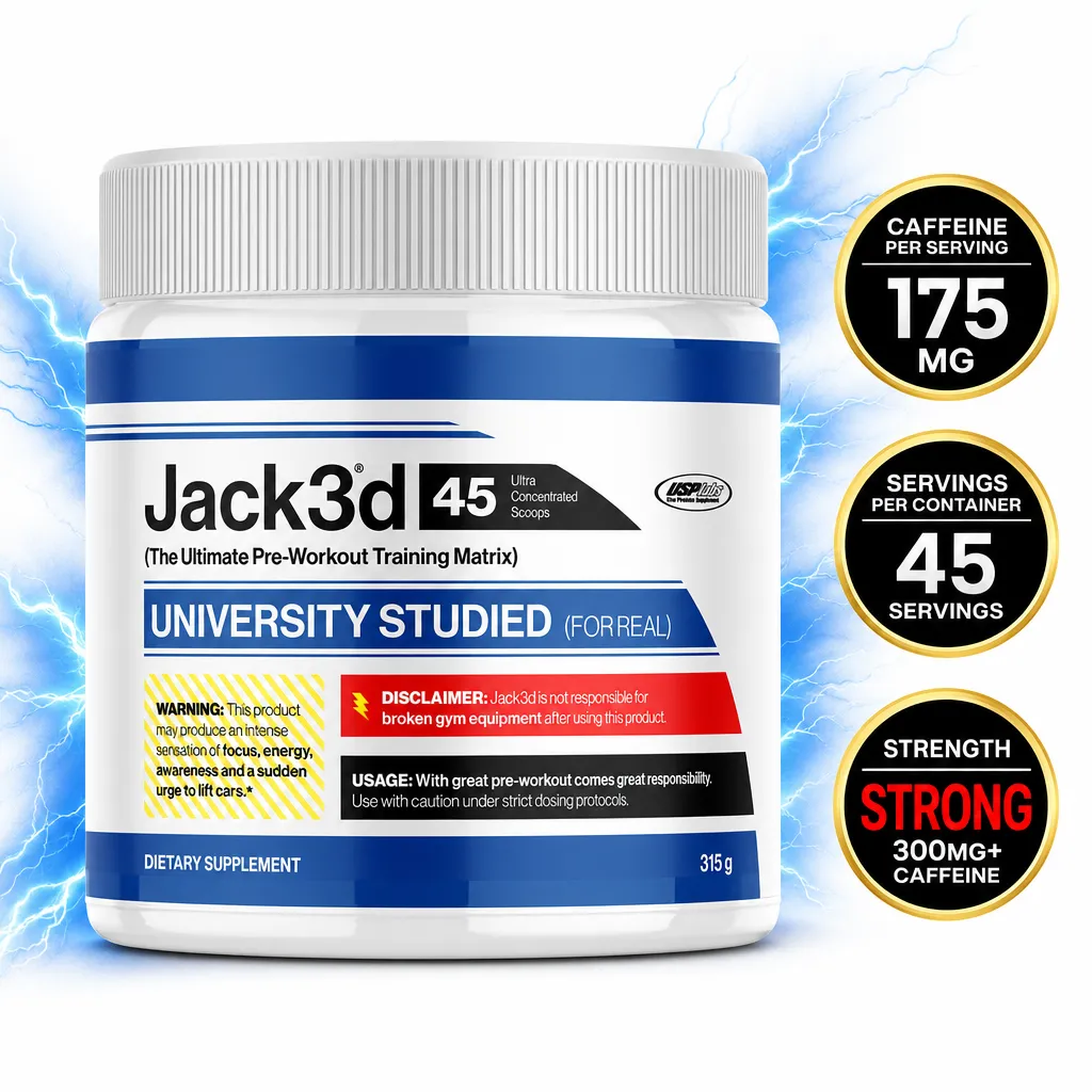 USP Labs Jack3d 45 Servings pre-workout dietary supplement in a 315 g blue-and-white tub