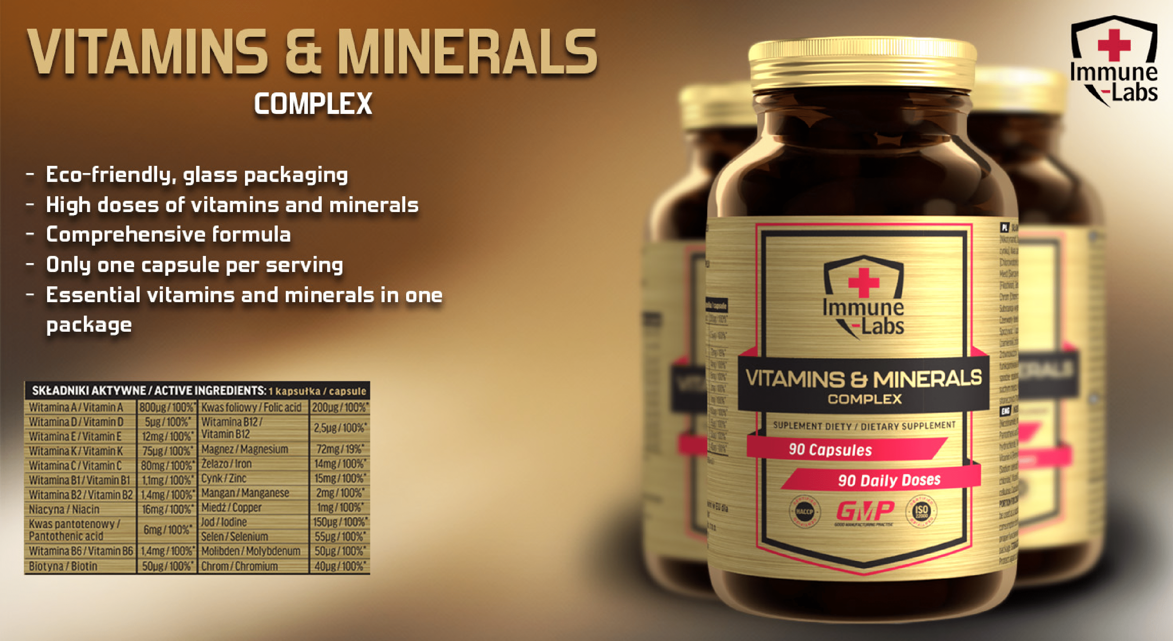 Immune Labs Vitamins & Minerals Complex is a dietary supplement containing 90 capsules, offering a comprehensive blend of essential vitamins and minerals in eco-friendly glass packaging.