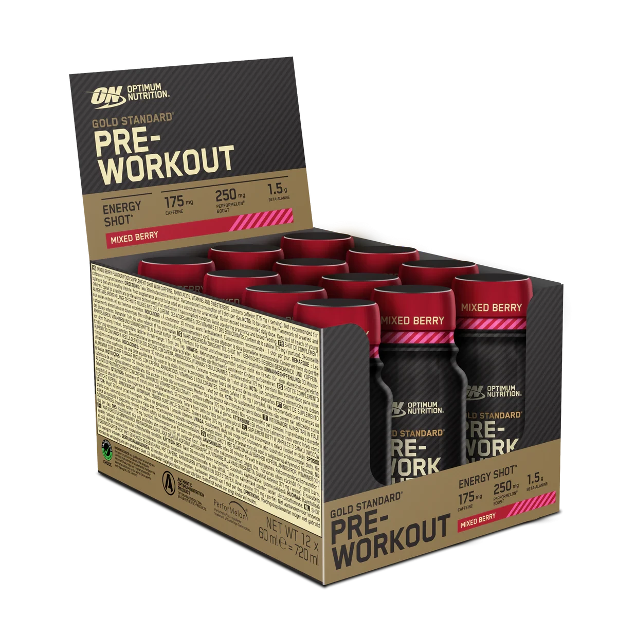 Optimum Nutrition Gold Standard Pre-Workout Energy Shot Mixed Berry 60ml x12, a ready-to-drink pre-workout supplement with 175mg caffeine, beta-alanine, and citrulline for energy and endurance.