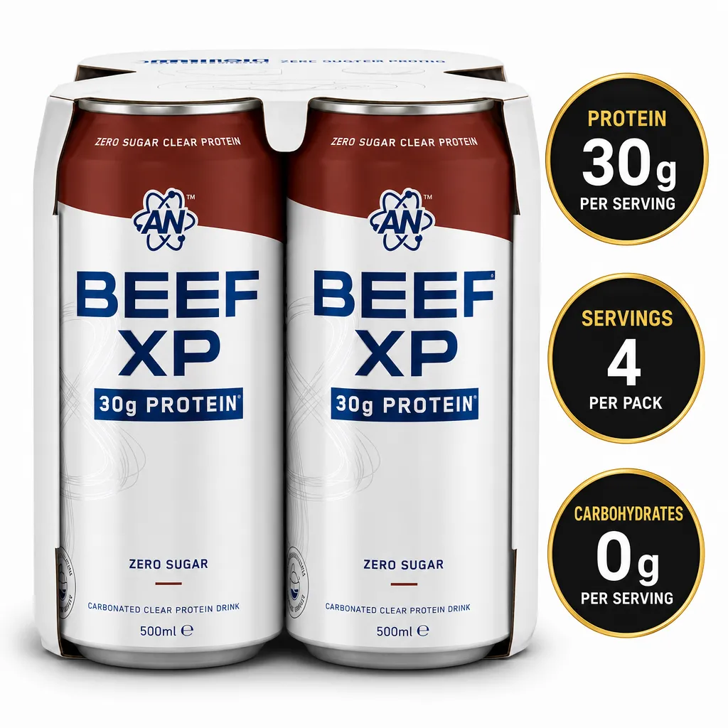 Applied Nutrition Beef-XP 500ml cans, zero-sugar carbonated clear protein drink with 30g protein per serving, four-pack