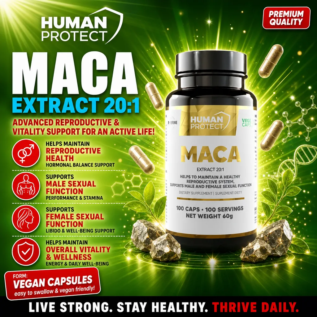 Human Protect Maca Extract 20:1 vegan capsules, dietary supplement for reproductive health, vitality, and sexual function, 100 caps bottle with green and gold design.