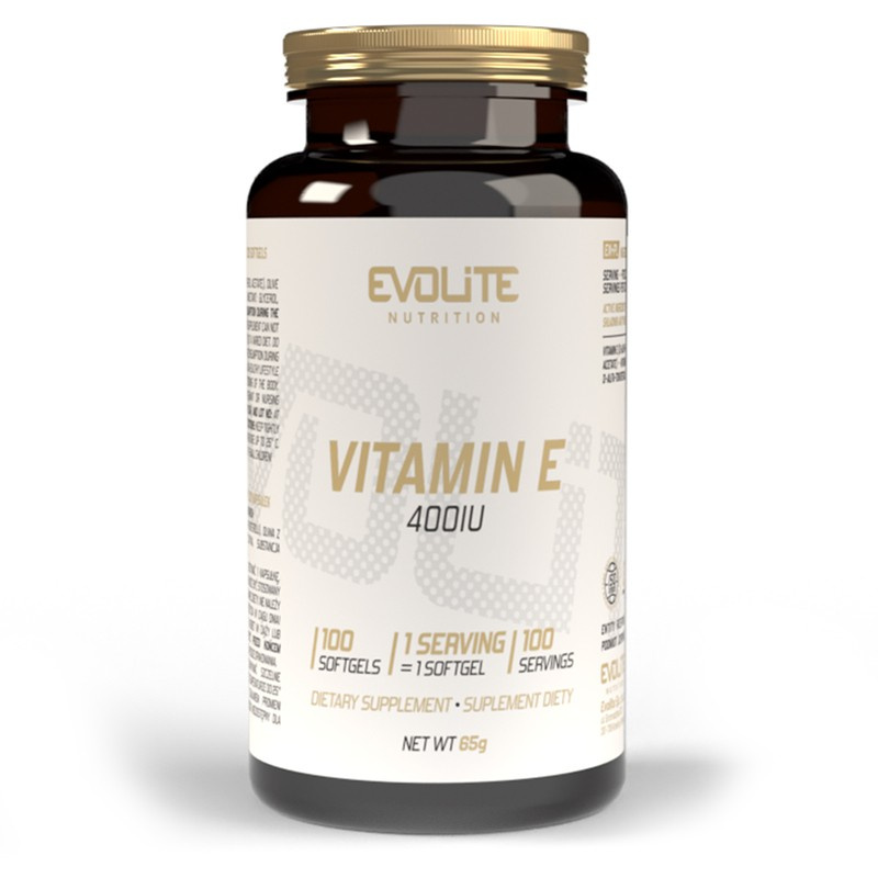 Evolite Vitamin E 400IU softgel capsules, oval-shaped, translucent yellow, shown outside the bottle