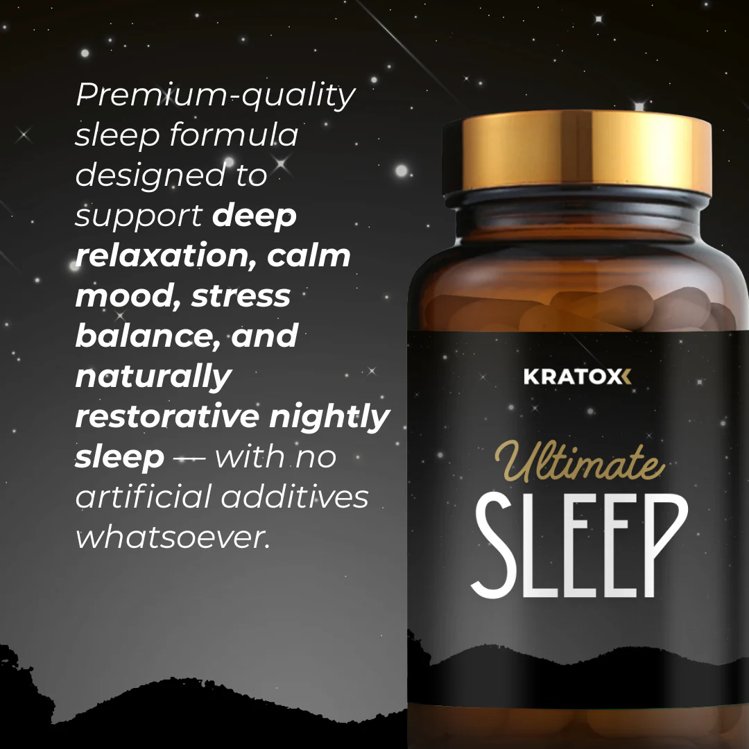 Kratox Ultimate Sleep 180 Caps bottle with lid open, capsules visible spilling out onto a white surface