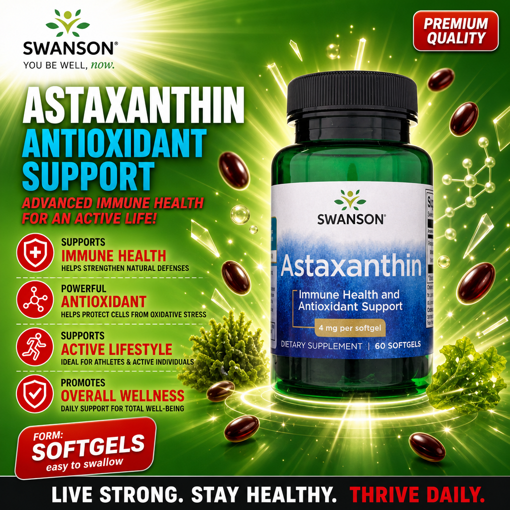 Swanson Astaxanthin 4mg 60 softgels antioxidant supplement for immune health and overall wellness, shown in a green bottle with blue label.