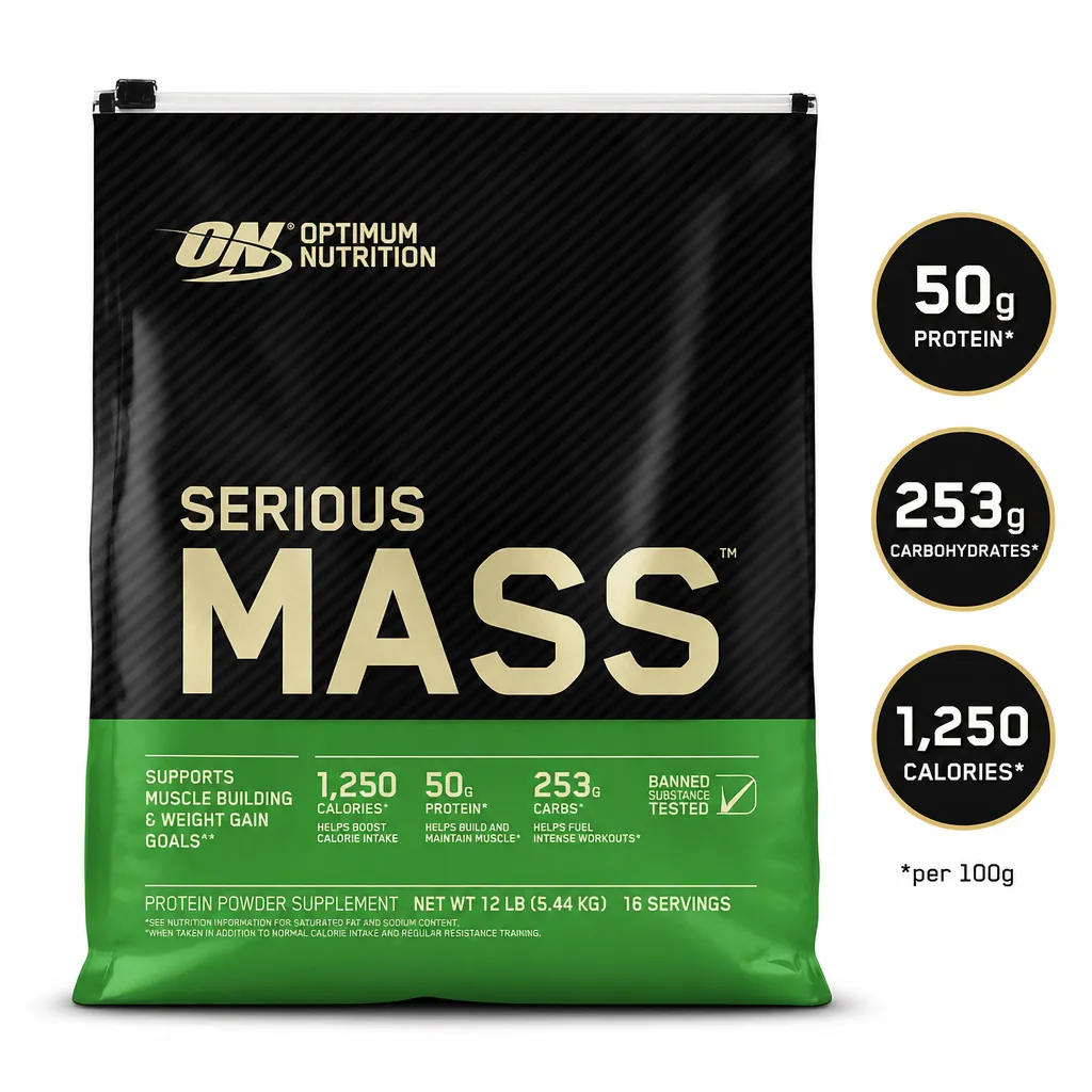 Optimum Nutrition Serious Mass 5450g mass gainer powder supplement in a black and green bag with 50g protein and 253g carbohydrates