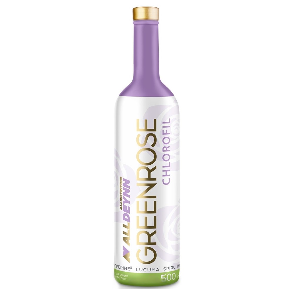ALLNUTRITION ALLDEYNN Greenrose Chlorofil 500ml liquid dietary supplement with piperine, lucuma, and spirulina, in a white and purple bottle.