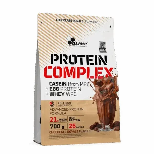 Olimp Nutrition Protein Complex 100% 700 g chocolate protein powder in a beige pouch, labelled Chocolate Royale flavour with a protein blend.