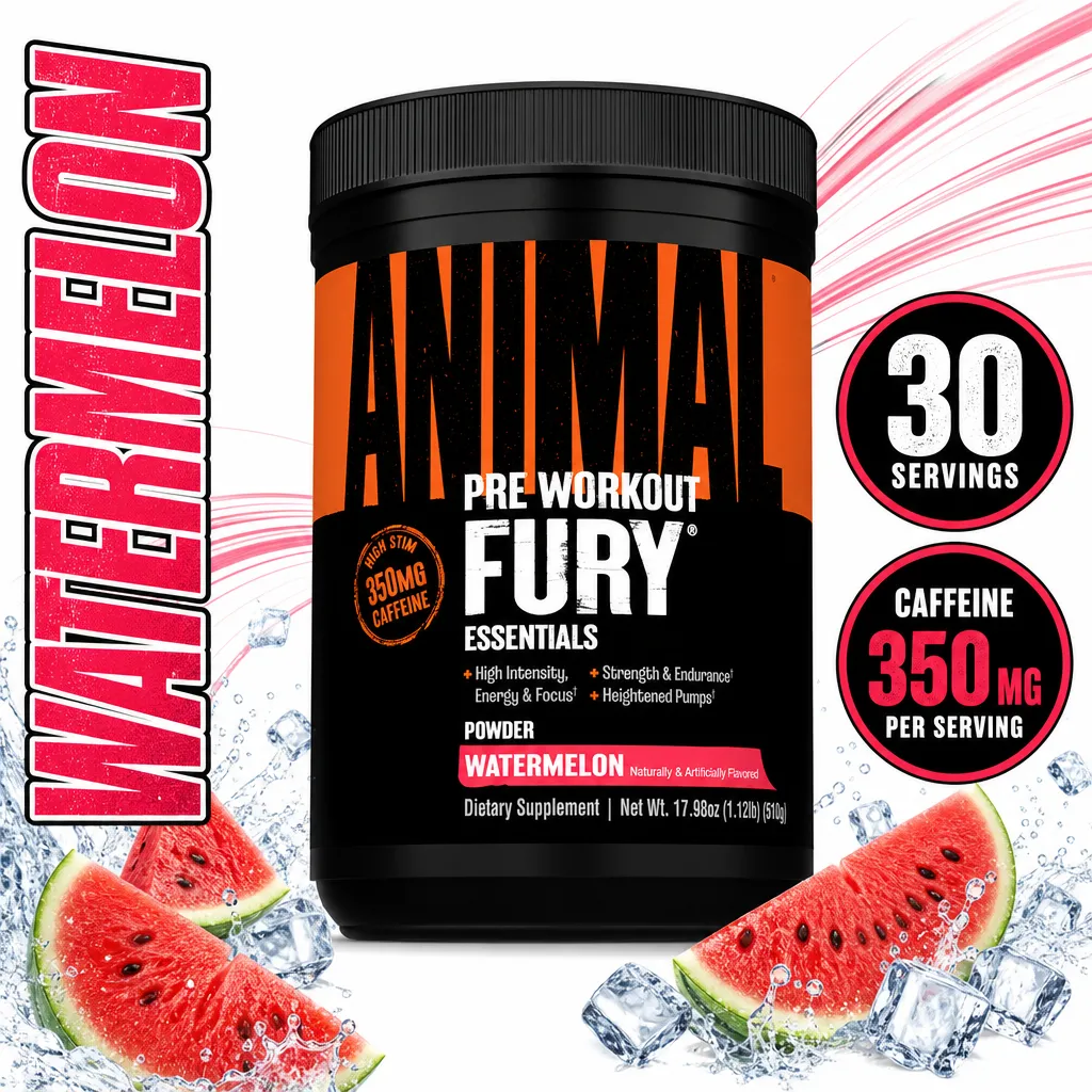 Universal Nutrition Animal Fury pre-workout powder, Watermelon flavour, 30 servings, with 350 mg caffeine per serving