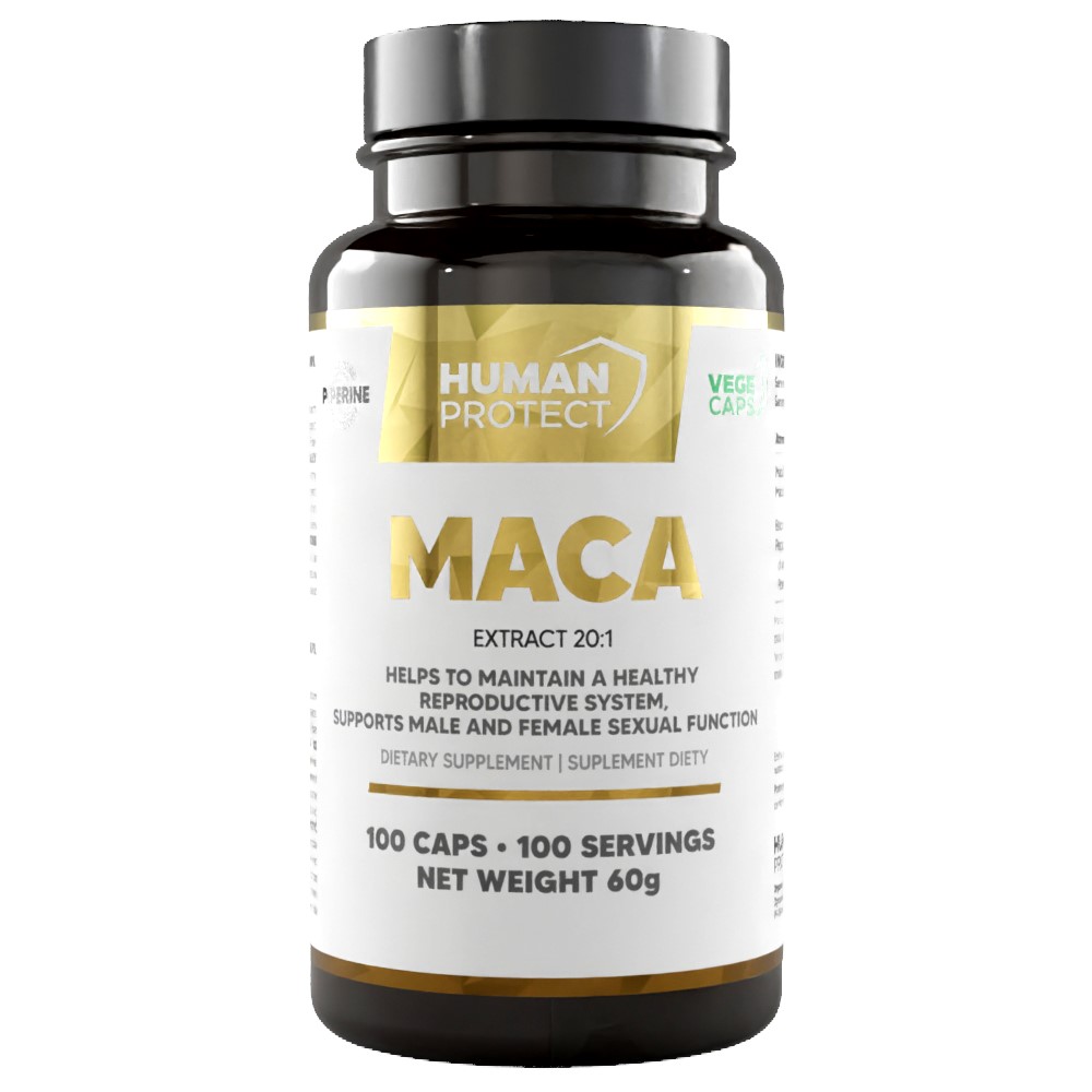 Human Protect Maca 100 vege caps dietary supplement, 20:1 extract, supports reproductive health, black bottle with gold and white label, 100 servings, net weight 60g.