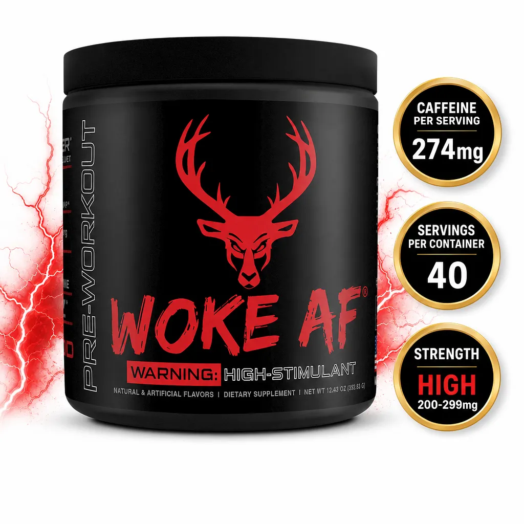 Bucked Up Woke AF high-stimulant pre-workout powder in a black tub with red design, 40 servings and 274mg caffeine per serving