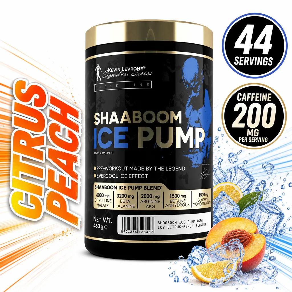 Kevin Levrone Shaaboom Ice Pump pre-workout powder, icy citrus-peach flavour, black 463g tub with 44 servings and 200mg caffeine per serving