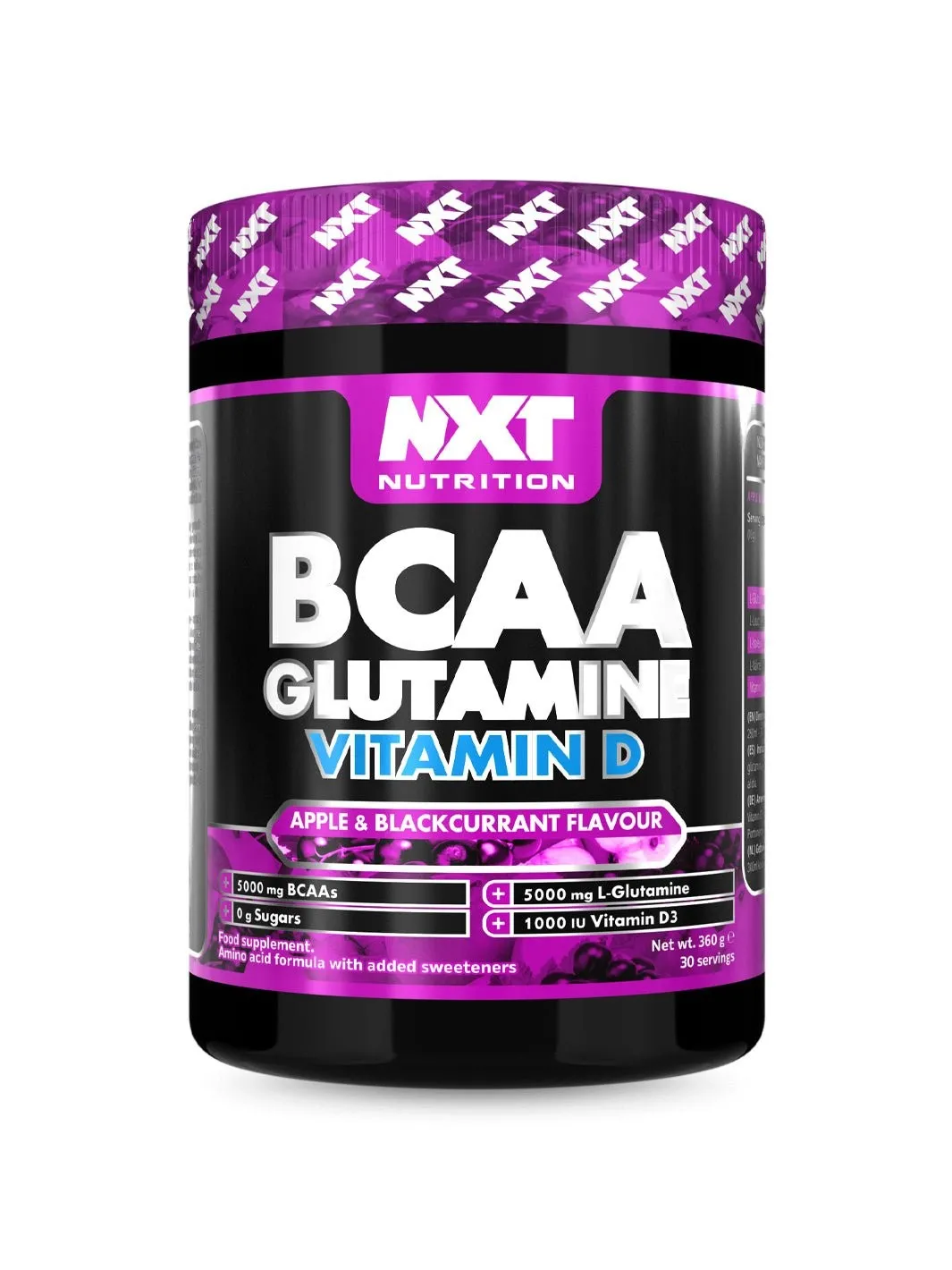NXT Nutrition BCAA Glutamine & Vitamin D powdered supplement, apple and blackcurrant flavour, 360g tub with 30 servings