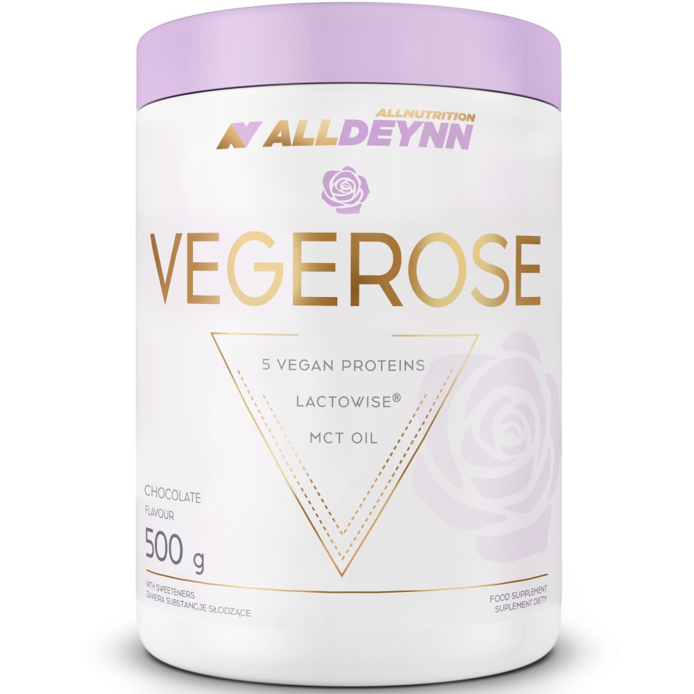 Allnutrition ALLDEYNN Vegerose vegan protein powder, chocolate flavour, 500g tub with 5 vegan proteins, Lactowise, and MCT oil, in a white and lavender container.