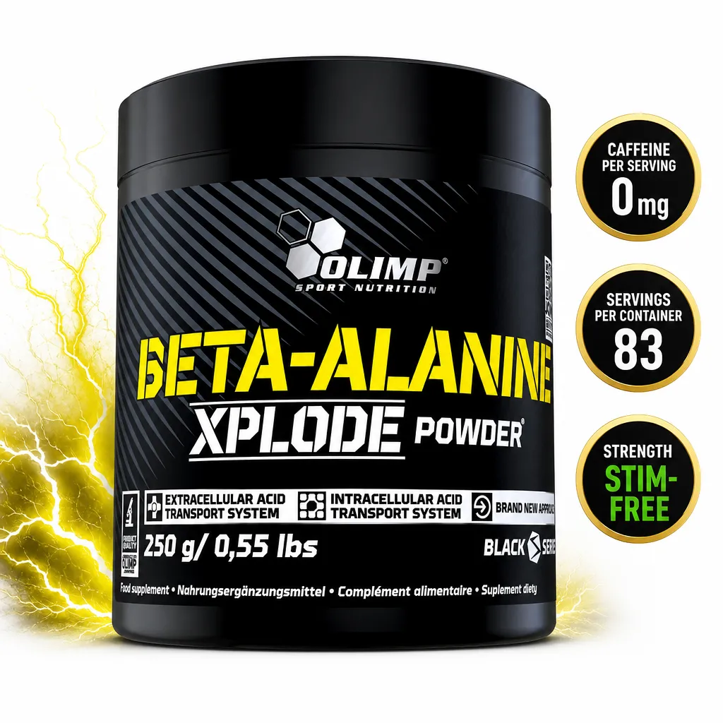 Olimp Beta Alanine Xplode 250g orange-flavoured beta-alanine powder supplement in a black tub